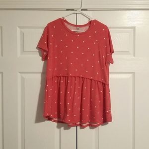 Coral with White Polka Dot Babydoll Tee-Size Large.